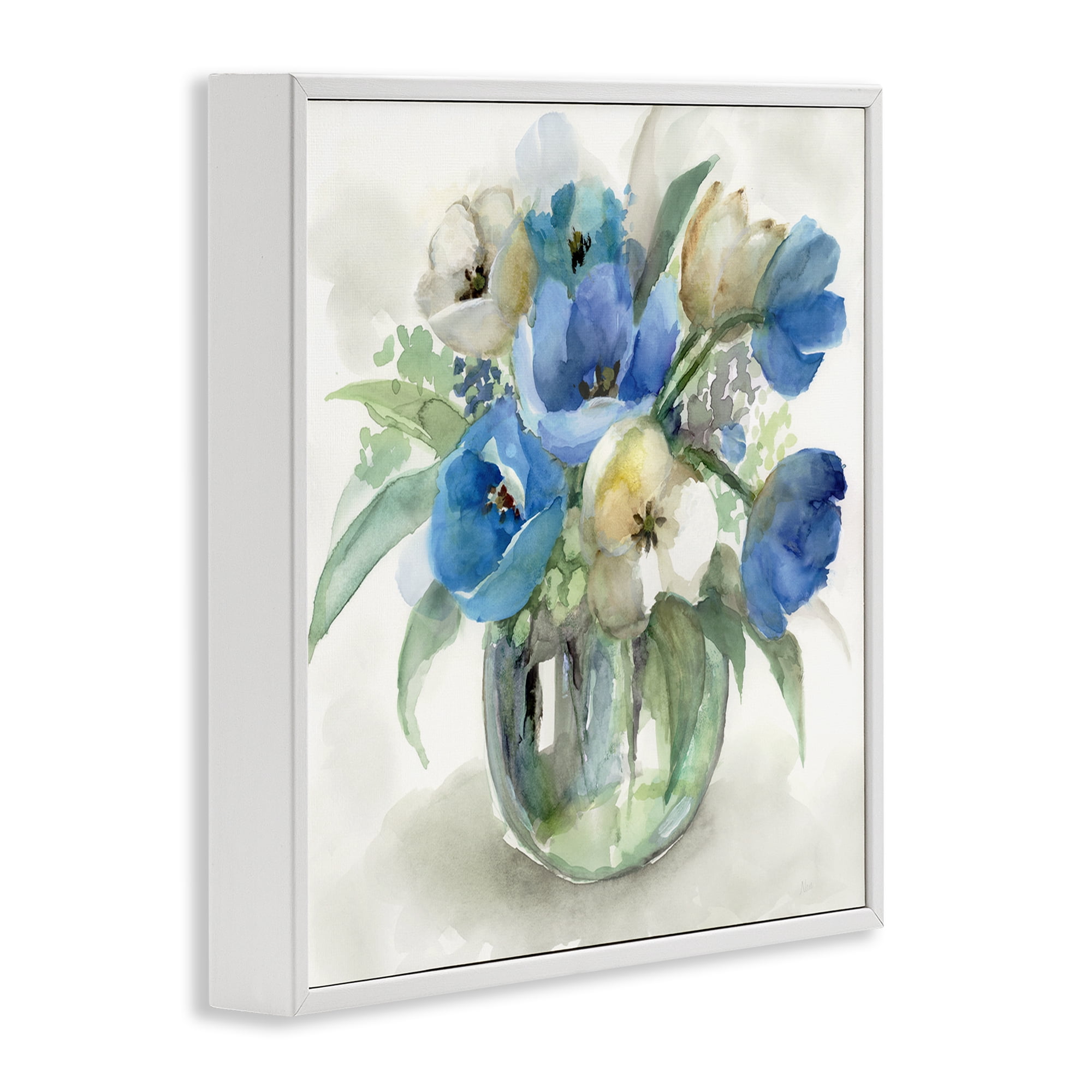 Stupell Industries Blue Tulip Watercolor Bouquet White Framed Giclee Art, design by Nan