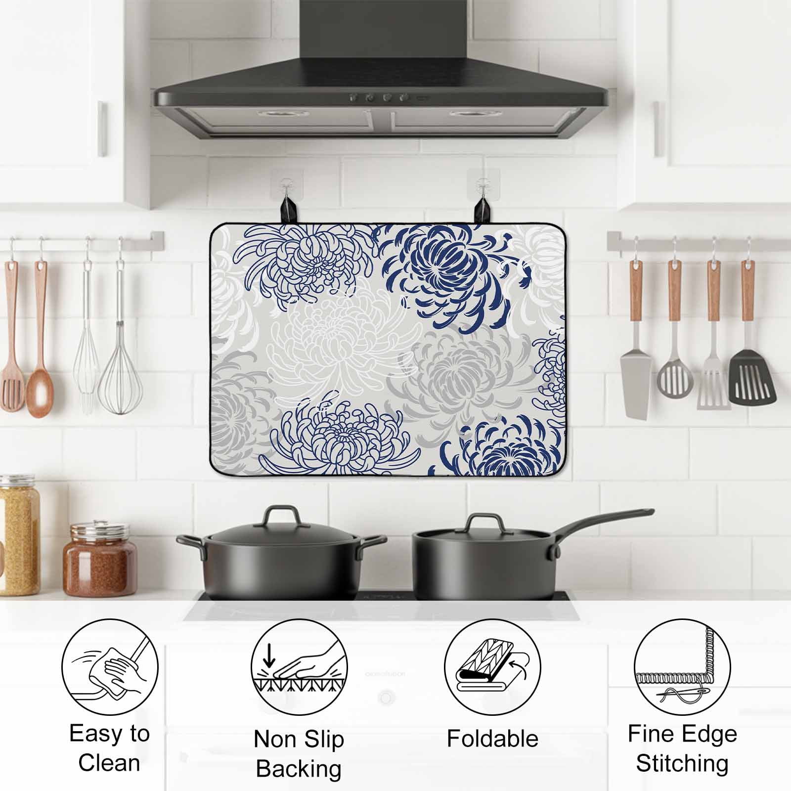 Blue White Stove Top Cover for Electric Stove, Heat-proof & Non Slip Glass Top Stove Cover Protector, Abstract Grey Chrysanthemum Flower Floral Kitchen Flat Cooktop Rubber Mat 36x21 Inches