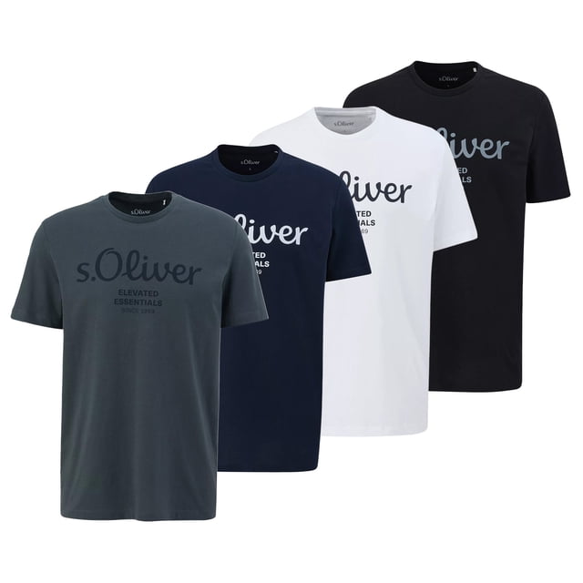 s.Oliver Camiseta para hombre, pack de 4 - básica, estampado logo, cuello redondo, algodón Blanco/azul/gris oscuro/negro S (Small)