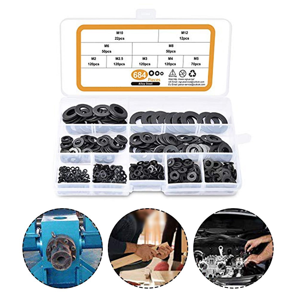Assorted Flat Washers Set 684Pcs-9 Sizes Black Zinc Plated Alloy Steel Washers