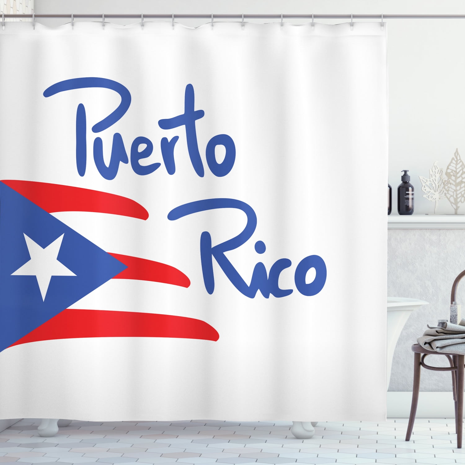 Puerto Rico Shower Curtain, Abstract Handdrawn Style Flag and
