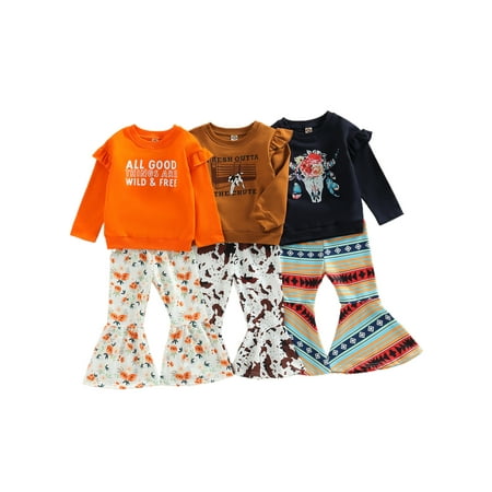 

Ma&Baby Toddler Baby Girls Cowgirl Outfits Long Sleeve Cartoon Cow Head Print Top and Flared Pants Set