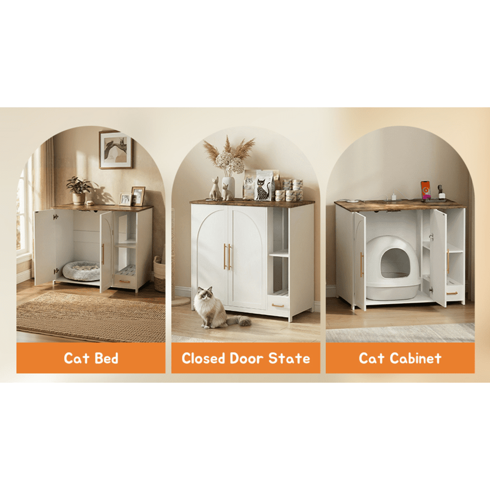 Hidden Cat Litter Box Enclosure Furniture – Large Dog-Proof Litter Box Cabinet with Power Strip, Compatible with Large Self-Cleaning Litter Boxes