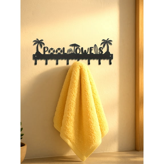 Beach-Themed Wall-Mounted Metal Towel Rack with 8 Hooks– Perfect for Pool Towels