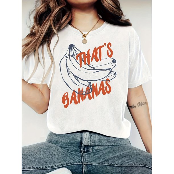 Women'S Casual Crew Neck T-Shirt with "That'S Bananas" Print, Polyester Knit Fabric, Short Sleeve, Regular Length, Fruit & Vegetable Pattern, Ideal for Spring and Summer