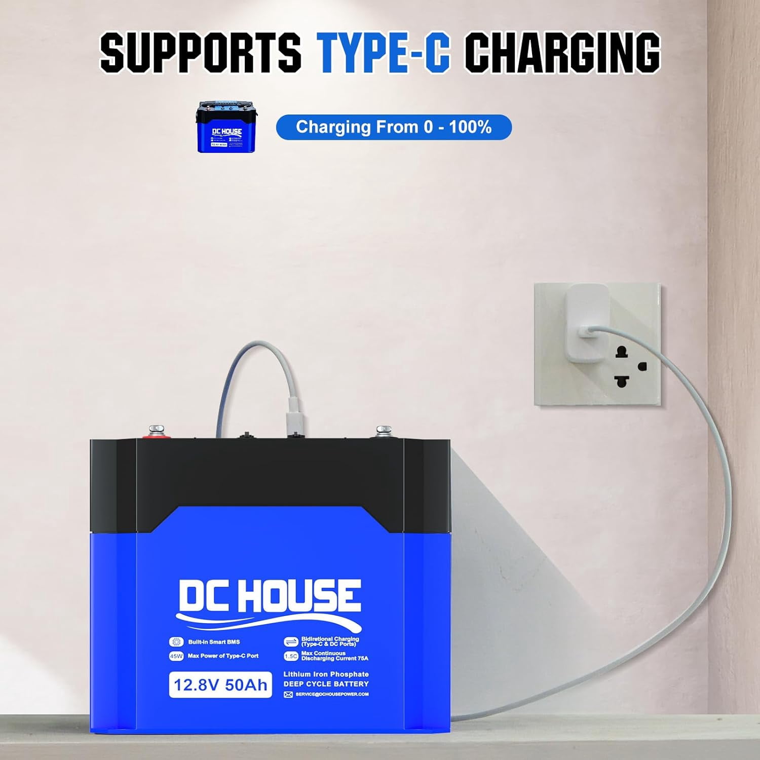 DC HOUSE 12V 50Ah Lithium Battery for Trolling Motor, Built-in 80A BMS, Deep Cycle Up to 4000 Times, Replace Trolling Motor Box with DC & TypeC Ports, for Outdoor, RV, Boat, Camping