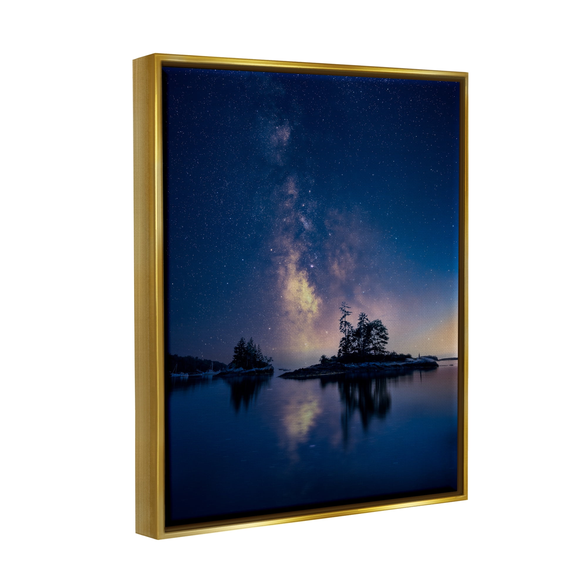 Stupell Night Stars Coastal Island Trees Landscape Photography Gold Floater Framed Art Print Wall Art