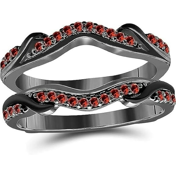 Divine Creation 14K Black Gold Plated 2.20 Ct Round Cut Red Ruby Engagement Thanksgiving Christmas Enhancer Guard Wrap Ring 925 Sterling Silver For Women's -5