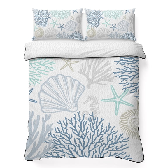 Twin XL Quilt Set 68''x98'', Blue Aqua Grey Coastal Lightweight Bedspread Coverlet Set with 2 Pillow Shams, Summer Beach Coral Shell Starfish Breathable All Season Quilt Bedding for Dorm/Guest Room