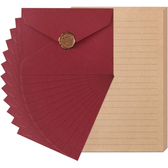48 count Stationery Set with Letter Paper and Envelopes(Red) | 24 Paper Sheets 12 Linen Texture Envelopes 12 Wax Seal Stickers, Letter Writing Paper Set for Love Letters