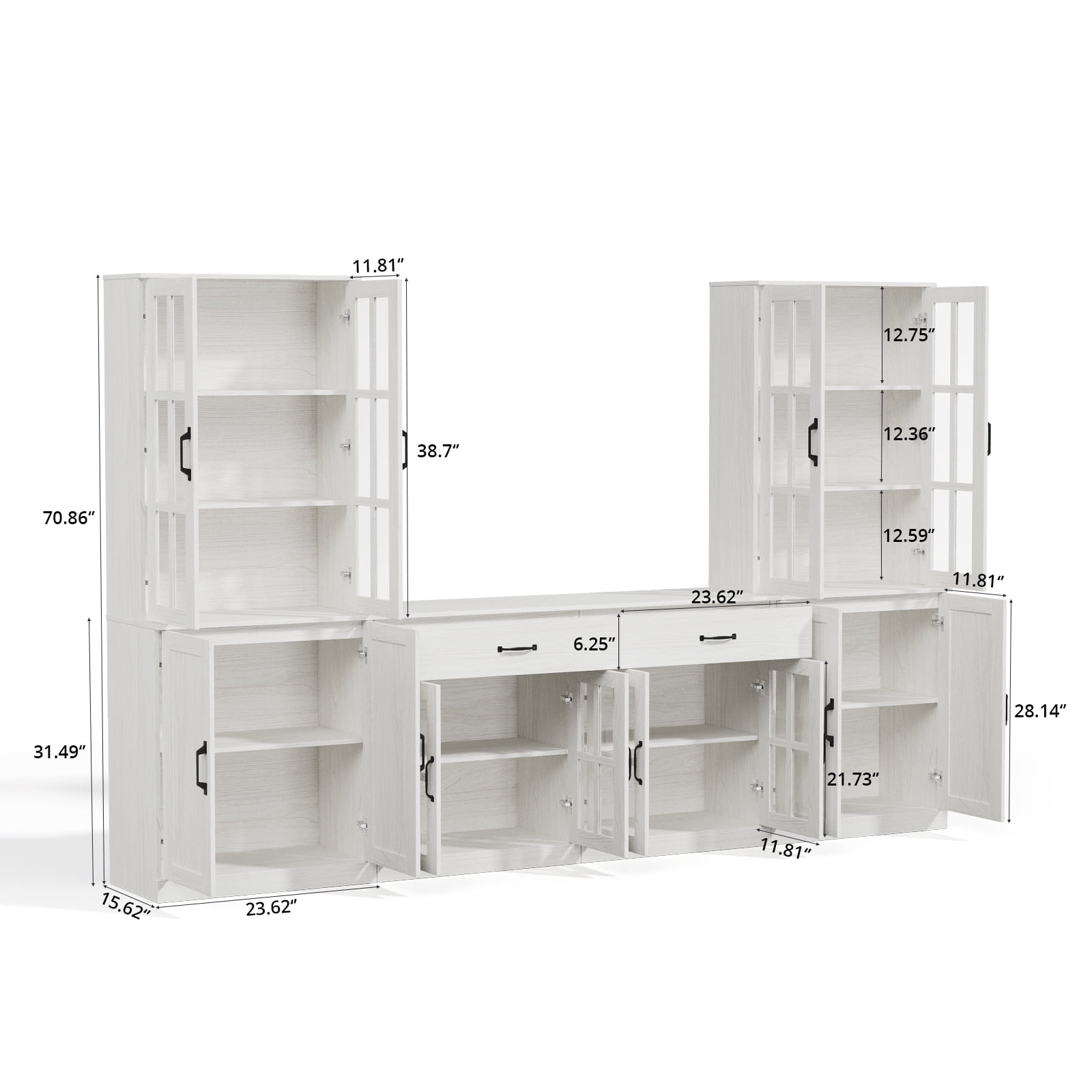 RichYa Kitchen Pantry Cabinet Set of 4,94" W Buffet Sideboard Coffee Bar with Glass Door Hutch,Modular Storage Cabinets with Shelves & Drawers for Dining Room,White(BEEB)