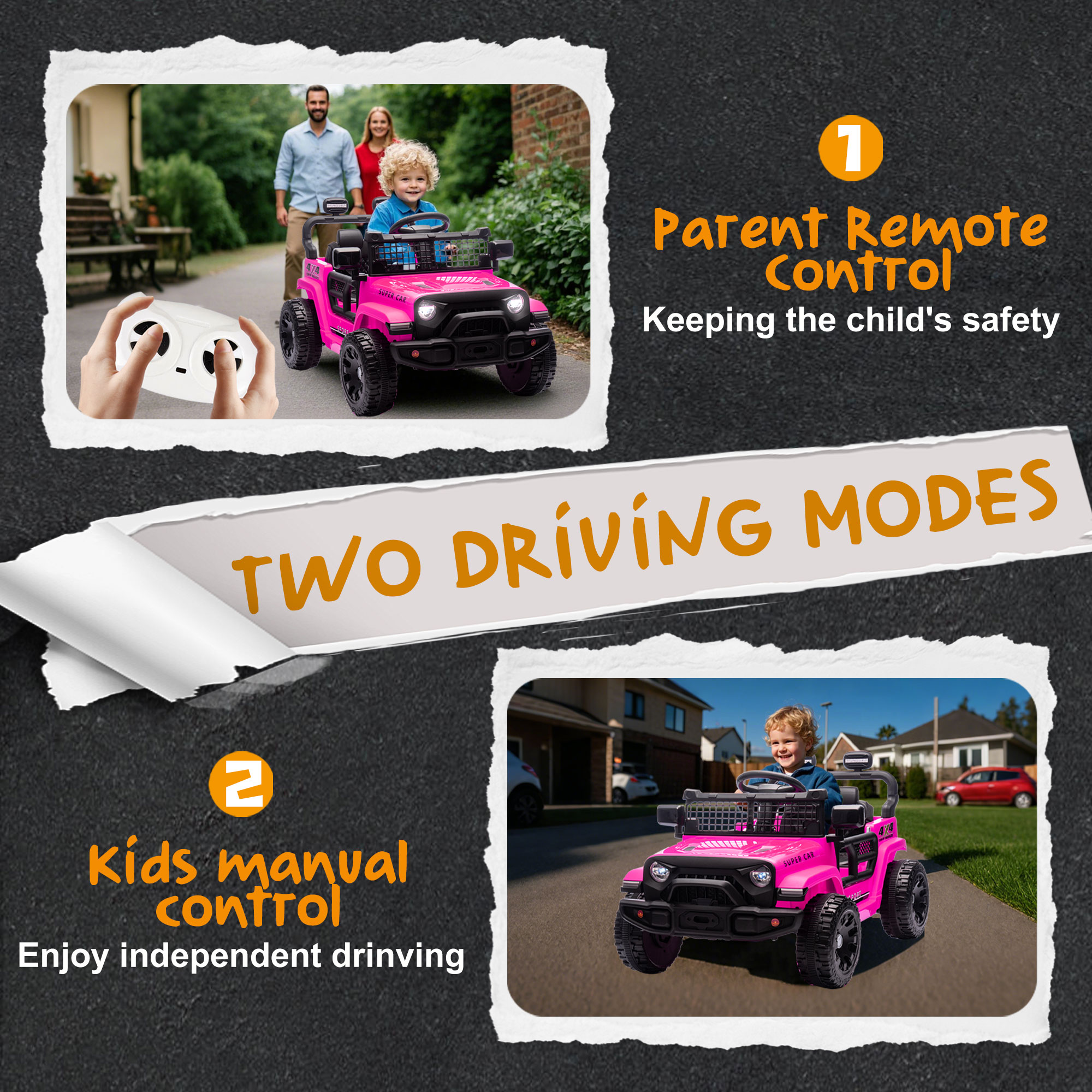 Okybaby 24V Kids Ride On Jeep Car with Remote Control,Four-wheel Suspension, Electric Kids Ride On Toy Car with Dual Motor,LED Light,USB,Bluetooth,MP3 for Kids of 3+, Pink
