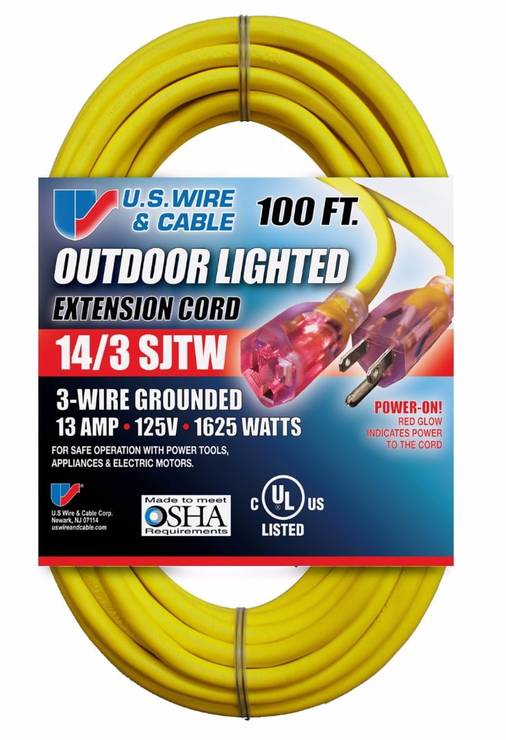 2PK 14/3 75ft SJTW 13A 125V 1625W Lighted End Black Heavy Extension Cord 75 Feet