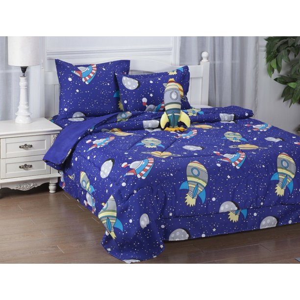 6PC TWIN SPACESHIP GALAXY Complete Bed In A Bag Comforter Bedding Set With Furry Friend and