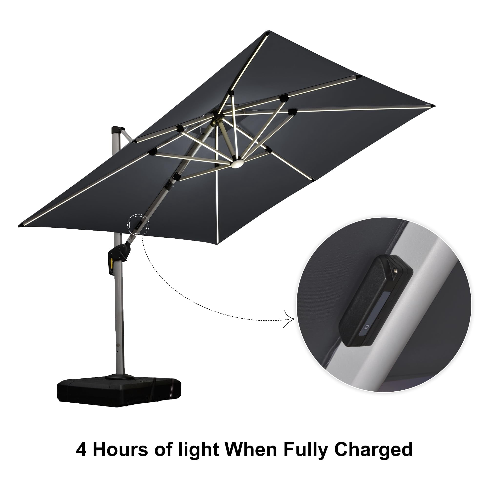 PURPLE LEAF 12 Feet LED Umbrella with Base Cantilever Umbrellas Large Umbrella Outdoor Umbrellas Offset Umbrellas Square Patio Umbrella for Pool, Gray