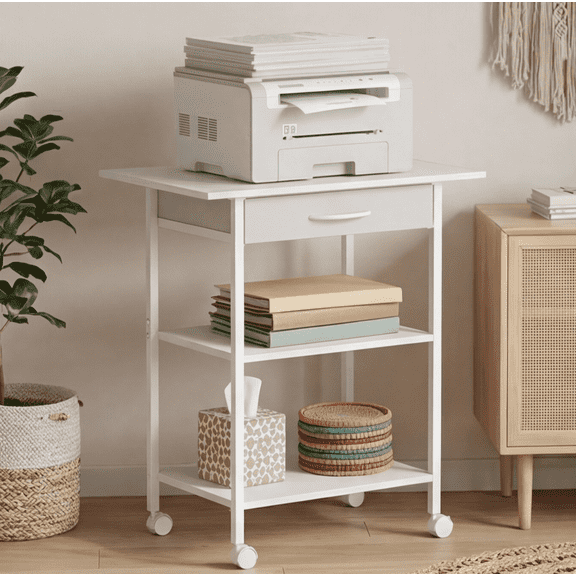 Industrial 3-Tier Printer Trolley with Wheels, Rolling Printer Stand Desk with Fabric Storage Drawers, Mobile Printer Rack Compatible with Heat Press, Scanner and Fax Machine