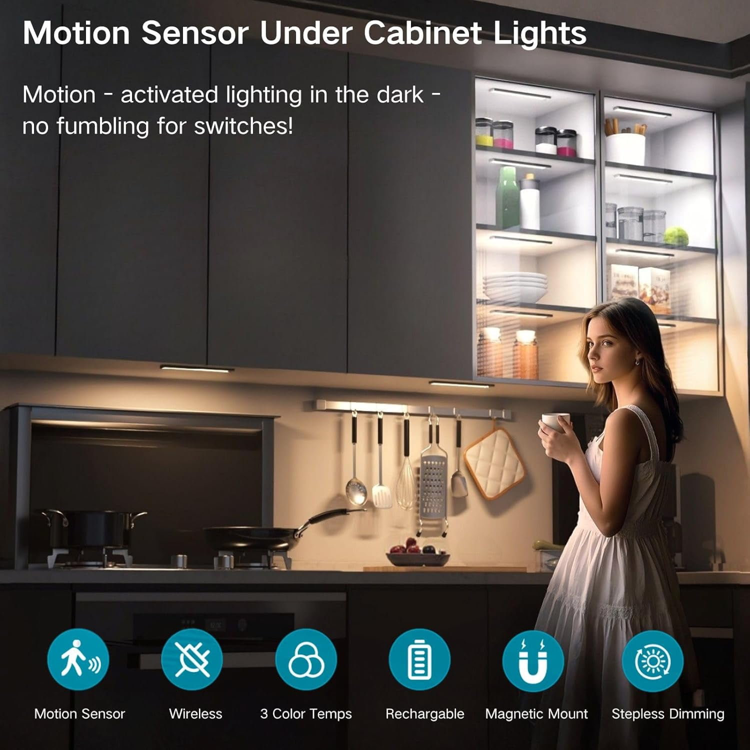 Motion Sensor Under Cabinet Lighting-Magnetic Rechargeable Closet Lights for Kitchen,Stairs,Wardrobe | 3-Color Dimmable LED Counter Lighting Pro Battery Upgrade​ (2, 8 inch)