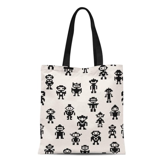 SIDONKU Canvas Bag Resuable Tote Grocery Shopping Bags Invader Pixel Robots Pattern Monster Space Video Arcade Attack Bit Black Tote Bag