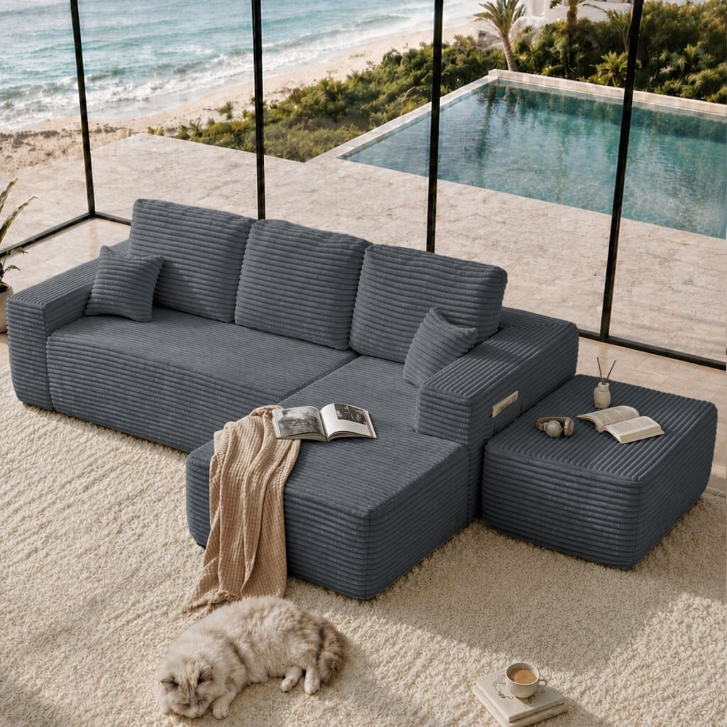 Cloud Sectional Sofa 104 Inch, U-Shape Modular Couch with Side Pockets and Deep Seating, Upholstered Living Room Sofa, No Assembly Required, Grey, Right Chaise