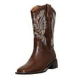 thumbnail image 2 of Women's V-Cut Embroidered Cowboy Boots Mid Calf Square Toe Thick Heel Western Festival Essential Rodeo Night Outfit Pull Tab Easy On Boots 1.57" Heel Brown, 2 of 8