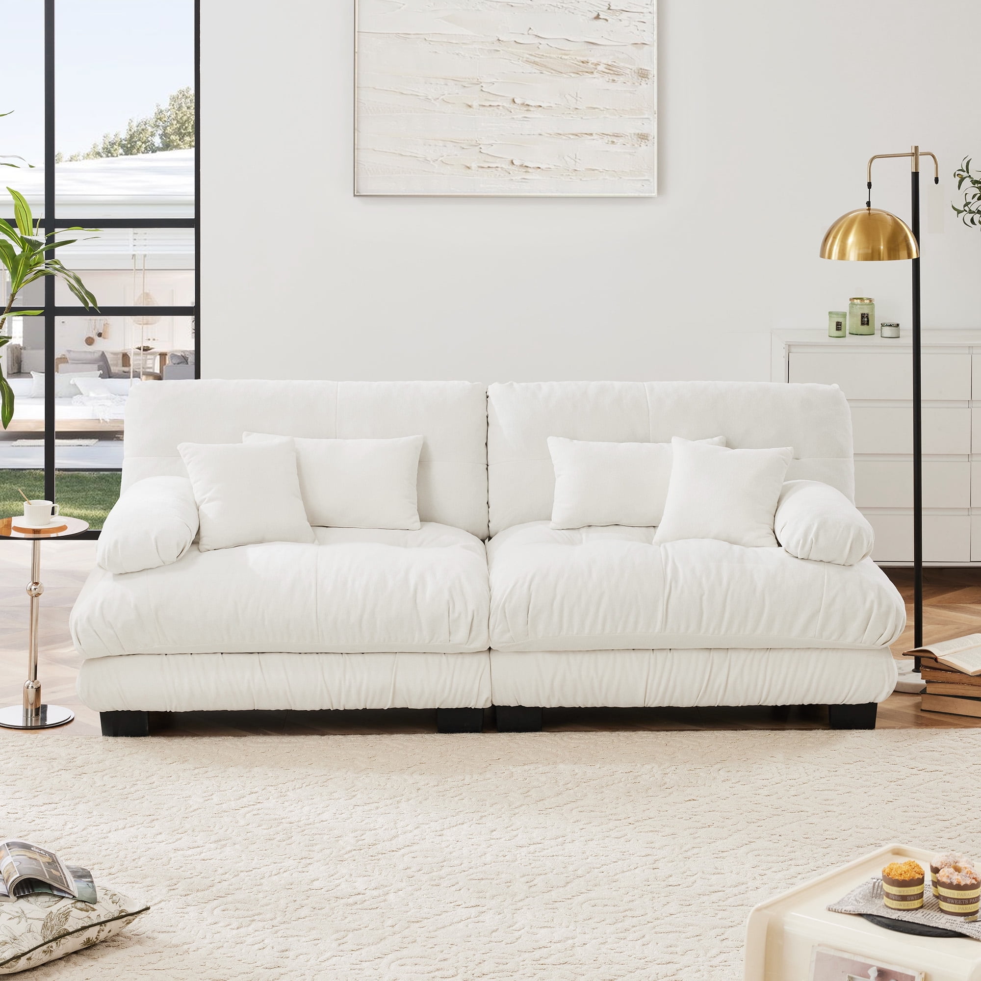 MAYEERTY 99.4in 2 Seater Cloud Sofa Couch for Living Room, Chenille Loveseat Sofa with 2 Lumbar Pillows and 2 Throw Pillows, White