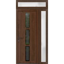 Front Exterior Prehung Metal-Plastic Door Frosted Glass | Manux 8112 Walnut | Side and Top Sidelite Transom | Office Commercial and Residential Doors Patio Garage 48x94 (W36 12x80 14) Right-hand