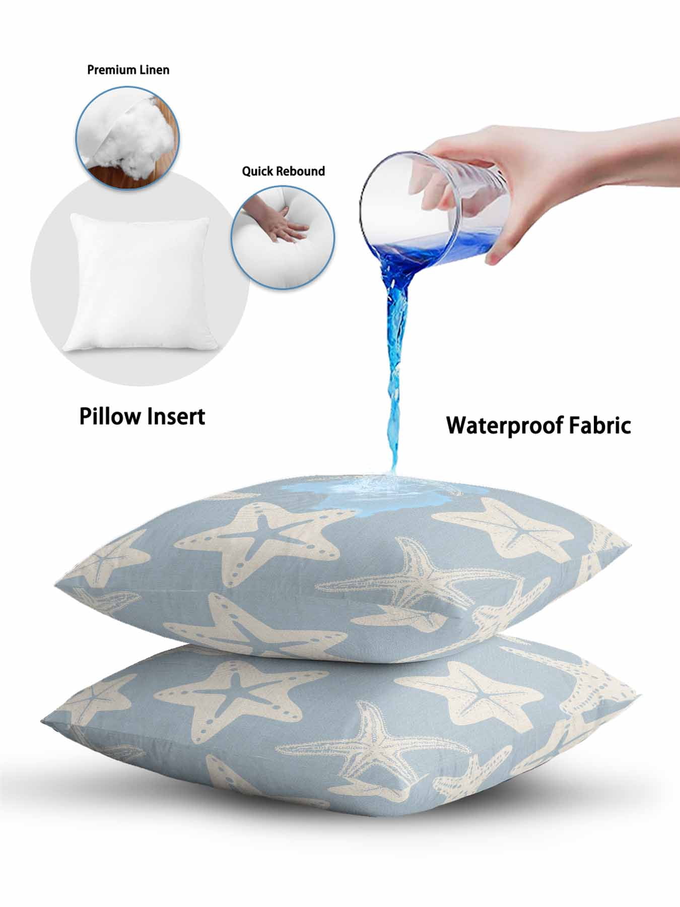 Outdoor Pillows Waterproof, Blue Starfish Coastal Bedding Throw Pillows with Insert for Couch Sofa Bed, Nautical Summer Ocean Abstract Art 18x18 Inch Pillowcases Decorative Patio Pillow Set of 1