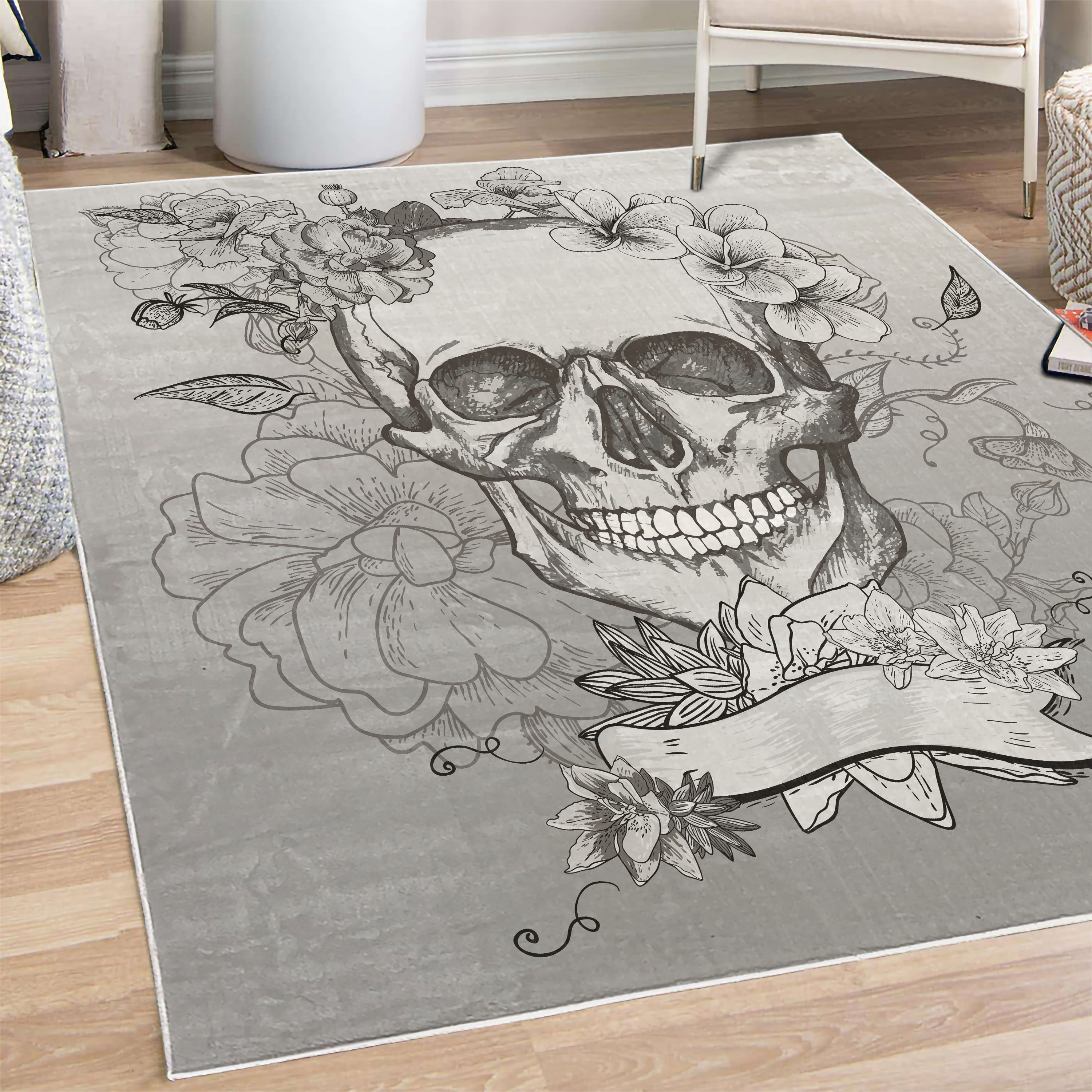 Grunge Decorative Rug, Skull and Flowers Day of the Dead Mexican ...