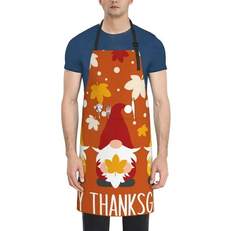 

Pofeuu Happy Thanksgiving Three Gnomes Print Waterproof Apron with Pockets Adjustable Cooking Aprons Kitchen Bib for Baking Household Cleaning