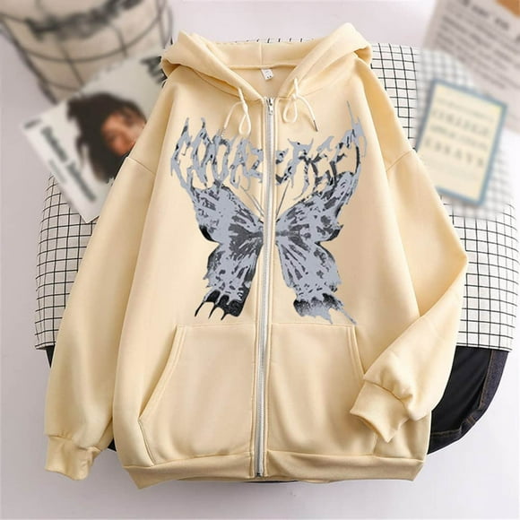 BYHONG Women's Jacket Zip up Hoodies Hip Hop Sweatshirt Vintage Goth Print Hooded Jacket Street Fashion Unisex Drawstring Sweat Jacket with Hood 90s E Girl Top Coat for Women Khaki M