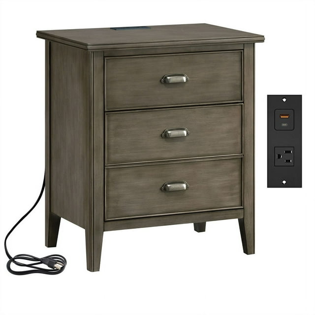 Table de Nuit Laurent avec Tiroir/entrée de Rangement et Prise CA/USB en Gris Fumée Lavé