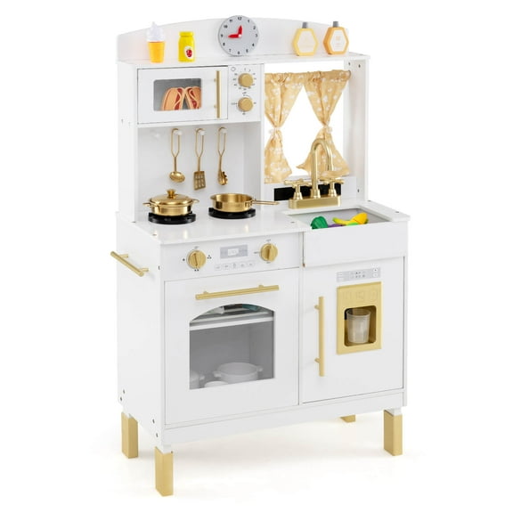 Costway Play Kitchen with 3 Adjustable Heights, Microwave, Stoves, Sink, Oven, Ice Maker White