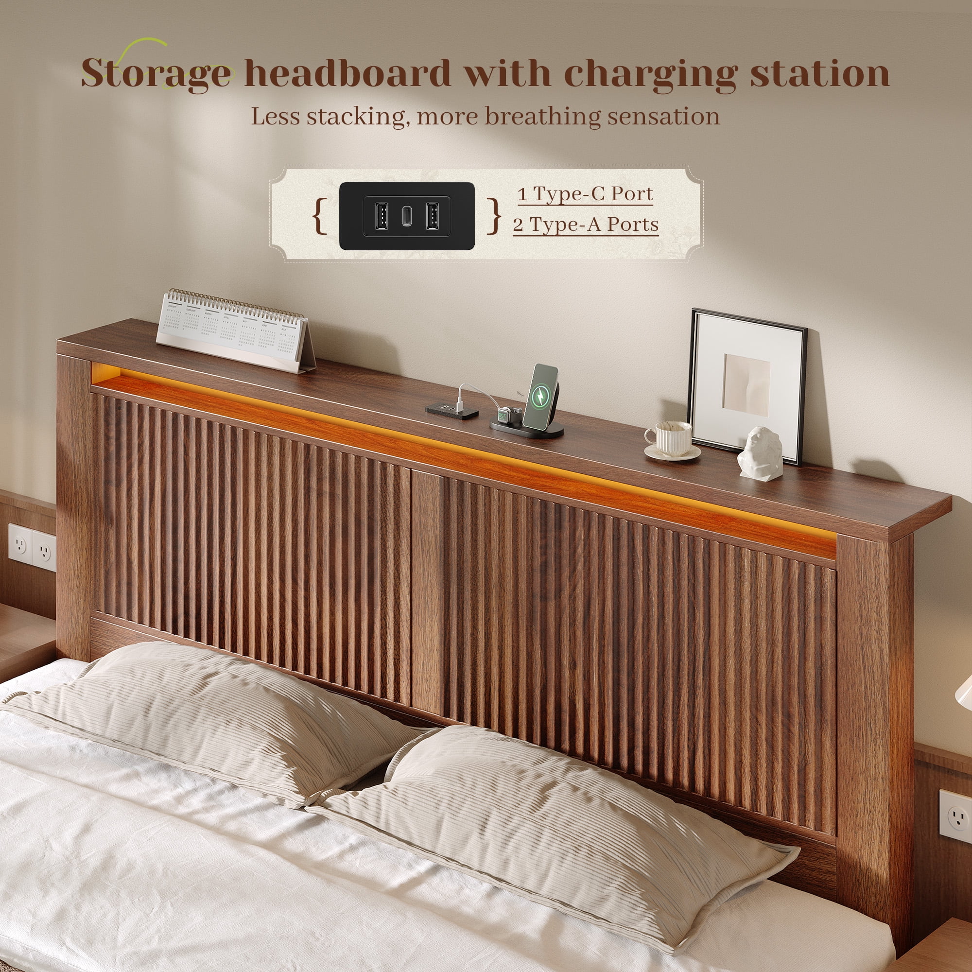 EnHomee Wood Bed Frame King with Headboard Bed Frame with Storage Shelf and Drawers Farmhouse Bed Frame with 2 Drawers & Charge Station & LED Light, Walnut