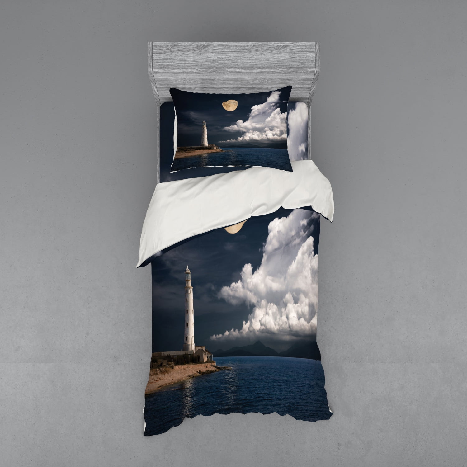 Lighthouse Duvet Cover Set, Lighthouse Moonlight Island Large Clouds Sea Seaside Waterfront