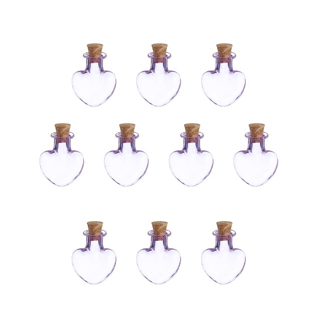 Uxcell 10 Pcs Mini Botellas de Vidrio Colgantes, 0.01oz/0.5ml Frascos Pequeños en Forma de Corazón con Tapones de Corcho Botellas de Deseos para Manualidades de Fiesta Decoraciones de Boda, Púrpura