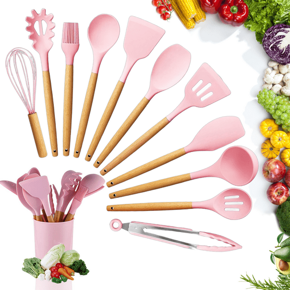 Puseky Premium 12-Piece Silicone Kitchen Utensils Set - Non-Stick, Heat-Resistant, BPA-Free Cooking Tools (Pink)