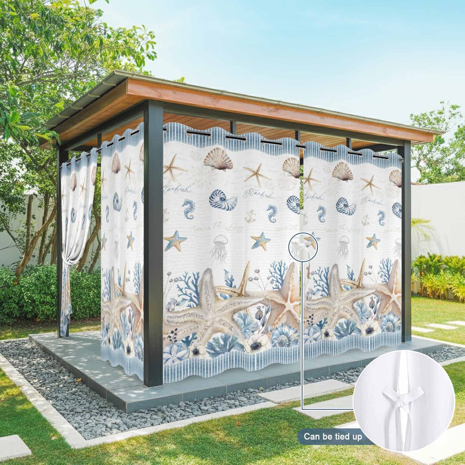 Summer Ocean Outdoor Curtains for Patio, Nautical Sea Starfish Seashell Coral Seahorse Blue Stripe Sunshade Privacy Drapes Grommet Waterproof Outside Curtains for Porch Balcony 54"x108", 1 Panel