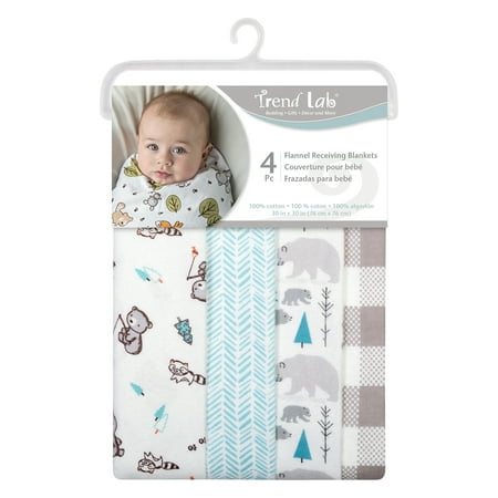 UPC: 0846216020360 | Trend Lab Bear 4 Pack Flannel Receiving Blankets for Baby Boy or Girl – Gray & Blue 30 x 30