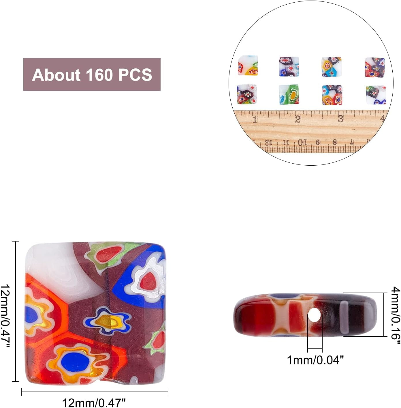 160 Pcs Millefiori Lampwork Beads Square Shaped Glass Beads 12mm Handmade Spacer Beads for DIY Bracelets Necklace Jewelry Making Mixed Color