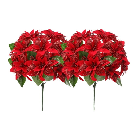 7 Heads Artificial Christmas Flowers Stems Glitter Red Poinsettia Flower Bouquet for Family Gathering Wedding Home Decor