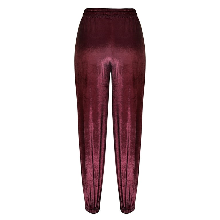 JWZUY Womens Solid Velvet Pant Side Split Dance Lace Trim Bloomers Pants  Ankle-Length Elastic Waist Pant Wine XL