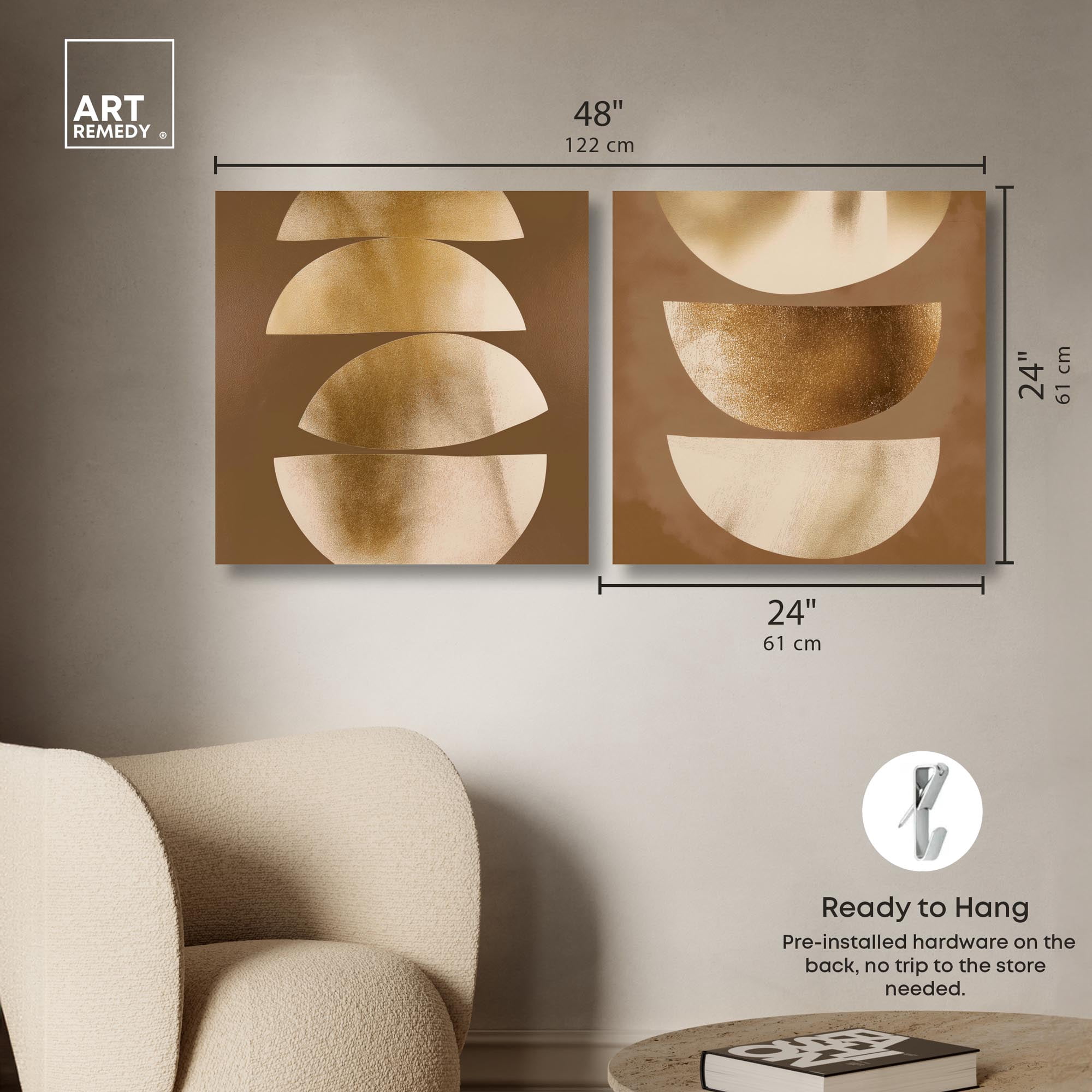Gold Crescents Diptych Canvas Print Beige Wall Decor Set by Art Remedy, Gallery Wrapped, 24 x 24