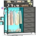 thumbnail image 2 of Homieasy Dresser for Bedroom with Clothes Rack & Shelves, 5 Drawers Dresser with Charging Station & LED Lights, Chest of Drawers with Lockable Wheels, Storage Shelves, Bedroom, Entryway,Gray Oak, 2 of 7