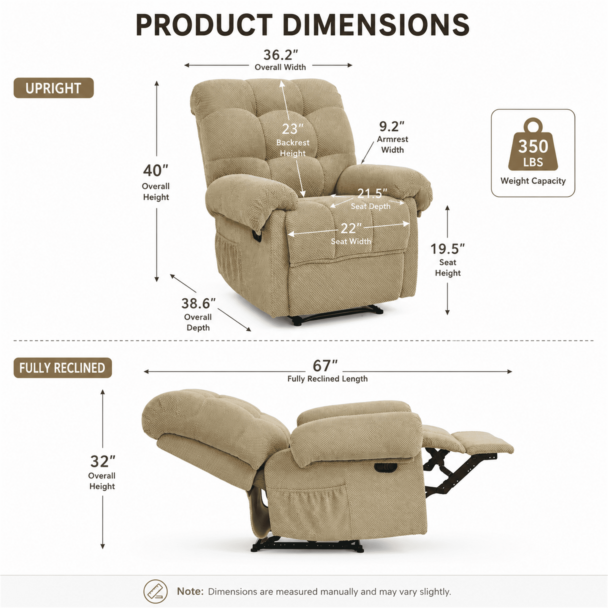 Homy Casa Overstuffed Manual Recliner Chair with Footrest, Fabric Lounge Chair for Nursery and Living Room
