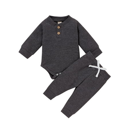 

Frobukio Newborn Baby Boys Girls Clothes Sets Solid Long Sleeve Romper Tops Pants Autumn Outfits Dark Gray 12-18 Months