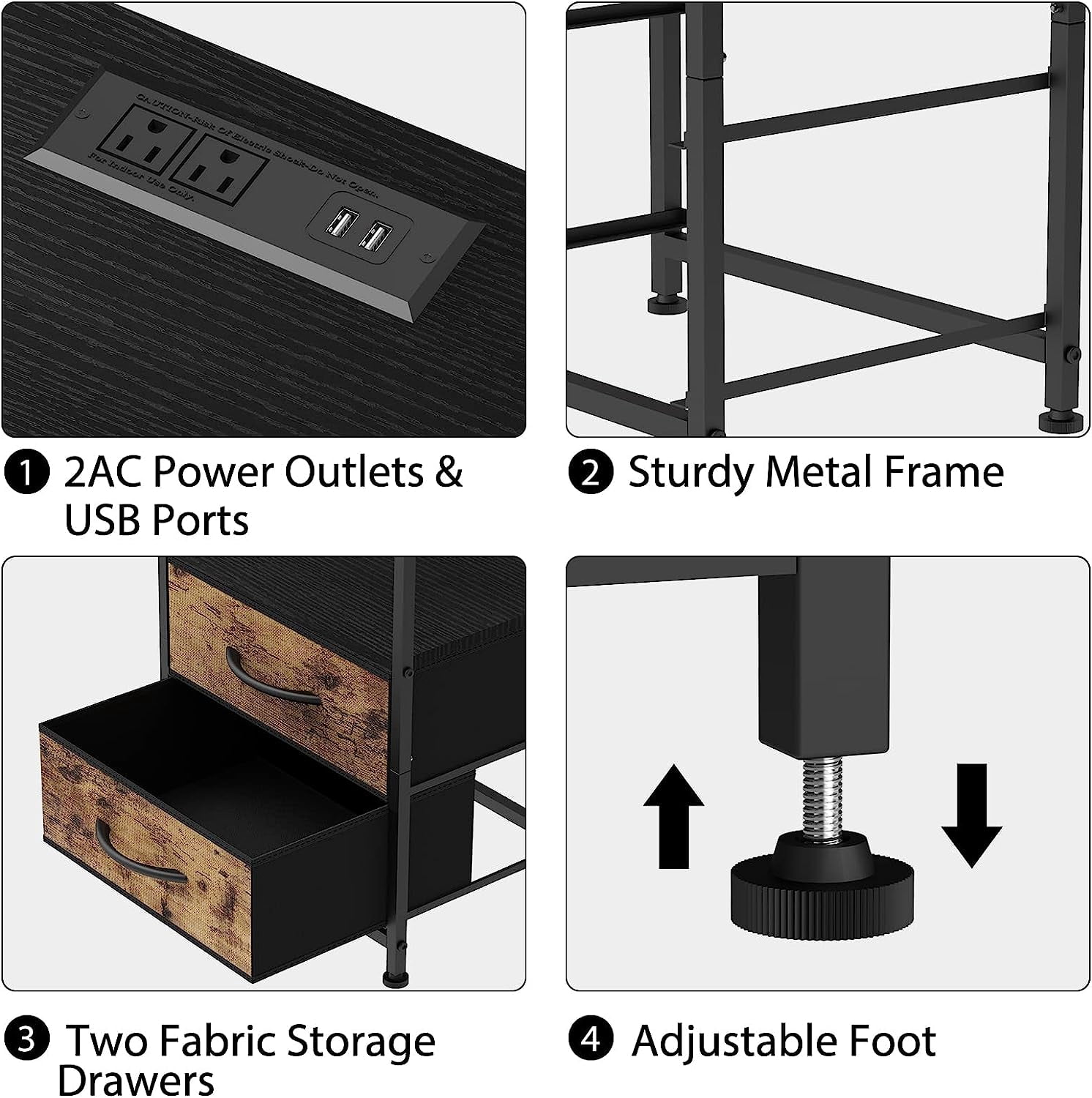Oumilen Adult Nightstand with Charging Station Narrow End Table with 2 Fabric Drawers, Black
