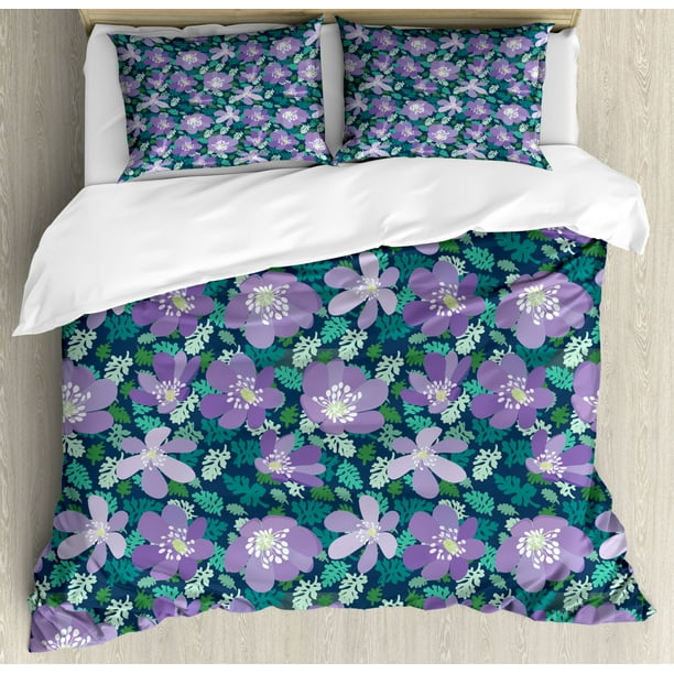 Meadow Duvet Cover Set, Natural Blossoming Violet Flowers in Rural