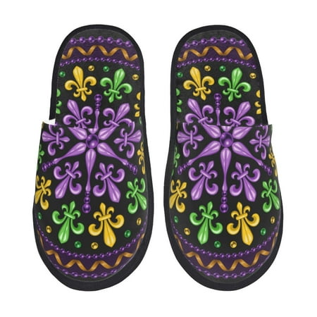 Balery Mardi Gras5 Slient Indoor Furry Fleece Comfort House Shoes Soft Non-Slip Home Shoes Cotton slippers House Slippers-- Large