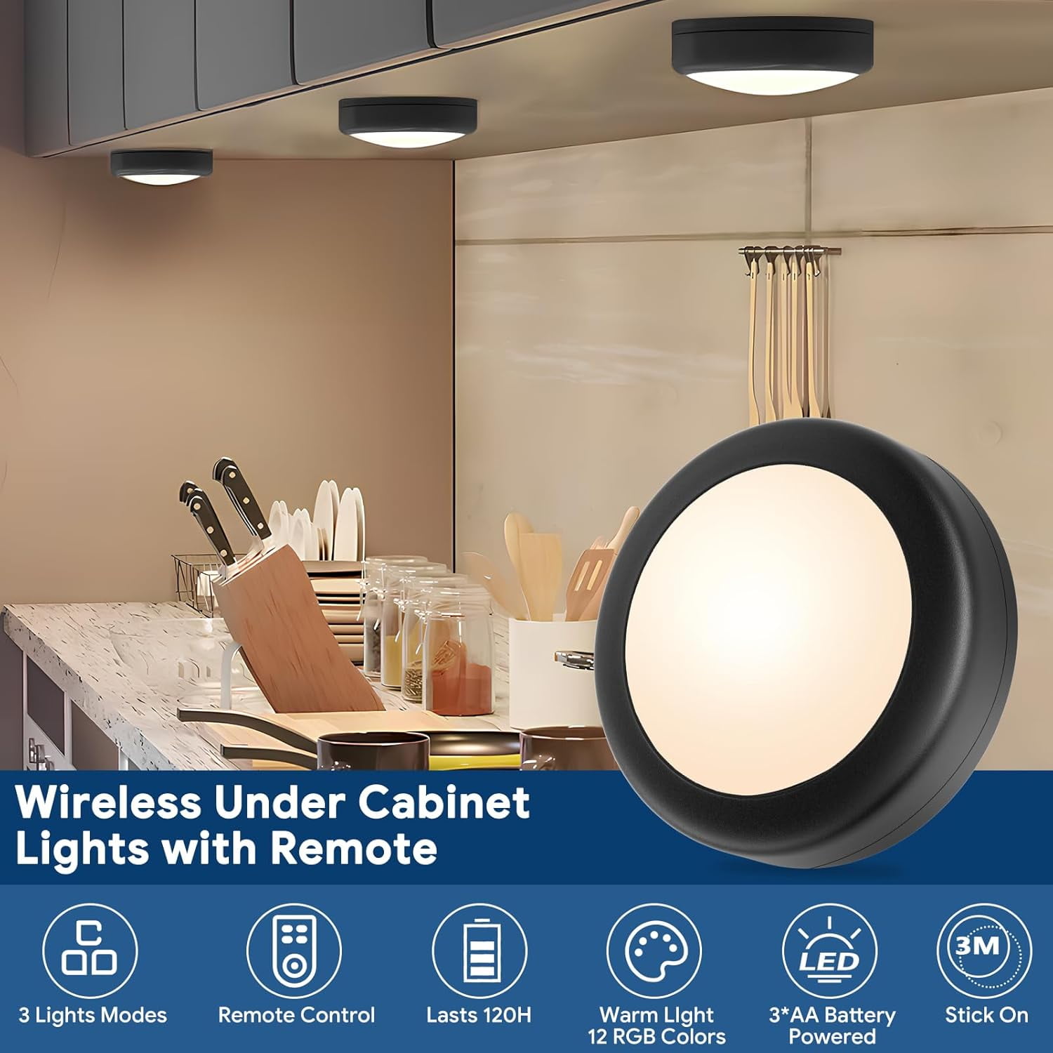 LEDLampsWorld LED Motion Sensor Puck Lights, 6 Pack - Rechargeable Under Cabinet Lighting, Warm White, Magnetic & Dimmable