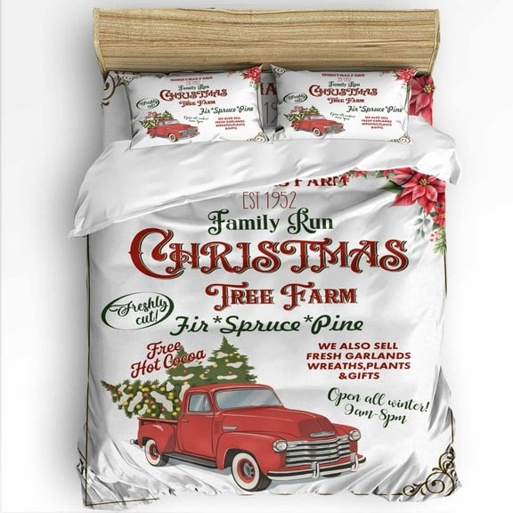 Christmas Red Truck King Size Comforter Set, Xmas Tree Poinsettia Flower Winter Soft Bedding for All Seasons, 4 Pcs Bed Set with 1Comforter (90"x106") ,1 Sheet(94"x116"), 2 Pillowcases (19"x35")
